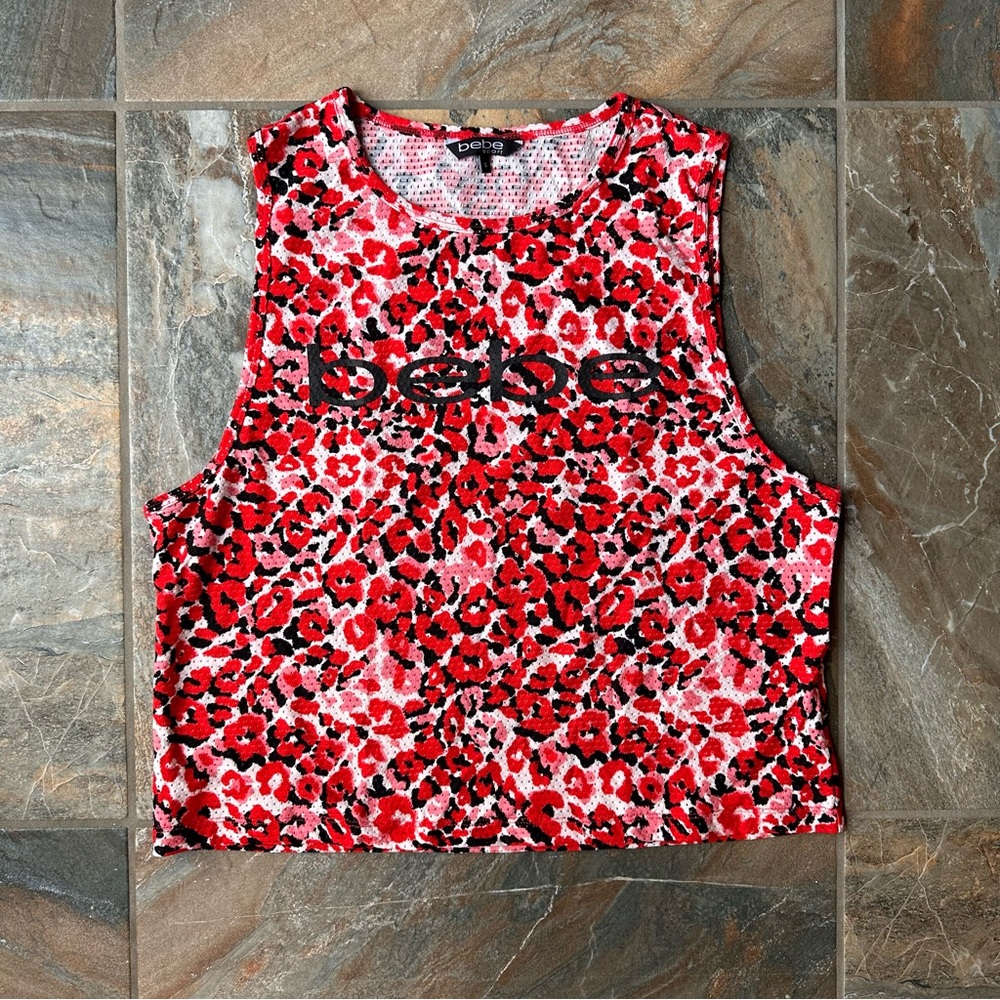 Bebe Sport Red Leopard Print Workout Tank Top Mesh Size Small